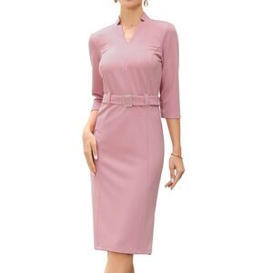 Women Work Dress 3/4 Sleeve Stand V Neck Dressy Beltec Sheath Dress Pink